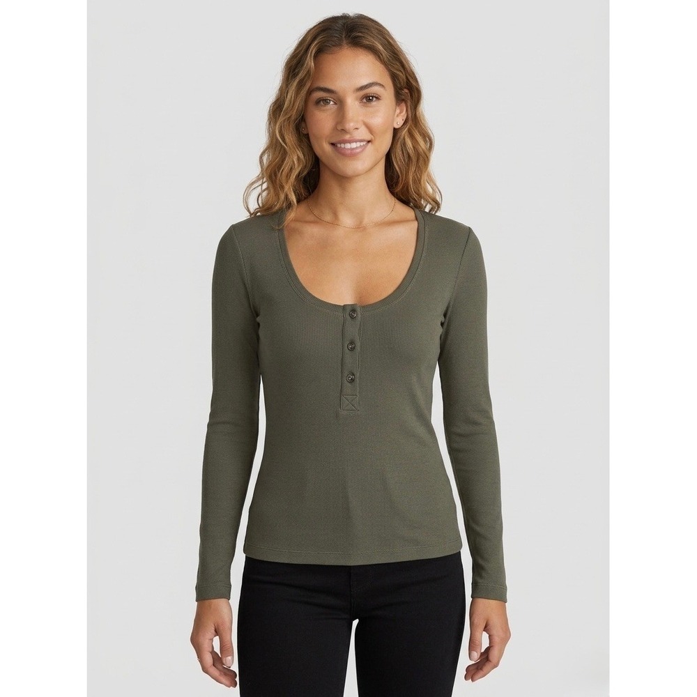 Marine Layer Womens Ribbed Henley Long Sleeve Scoop Neck Top Olive Green Small